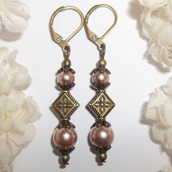 Brown Pearl Earrings, Brown Earrings, Dangle Earrings, Brown and Bronze Set 7481 - Picture 1 of 8